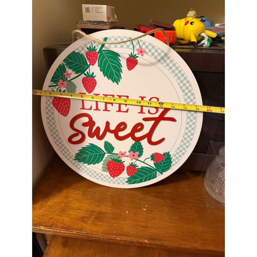 Life Is Sweet Round Wooden Wall Sign Strawberry Gingham Farmhouse Decor 15.75in